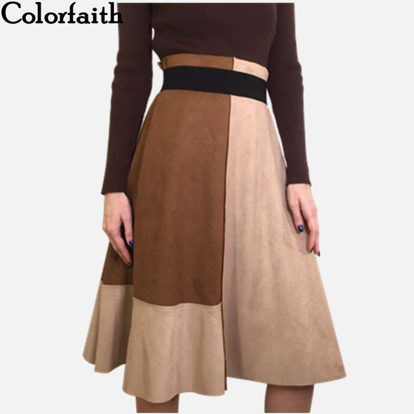 

colorfaith women suede midi skirt autumn winter vintage patchwork pleated elegant ladies skirt high waist femininas sk5549, Black;gray