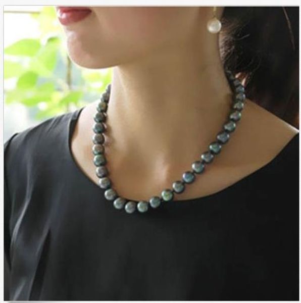 

aqa stunning 10-11mm tahitian round black green pearl necklace 18inch 14k, Silver