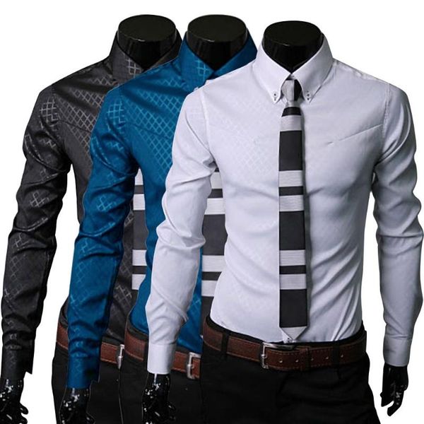 

men business slim turn down collar long-sleeves plaid buttons shirt, White;black