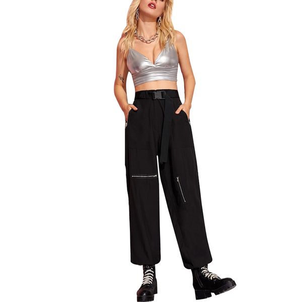 

womens army cargo trousers sports combat pants wide leg long pants loose jogger sports elastic waist combat streetwear /2, Black;blue