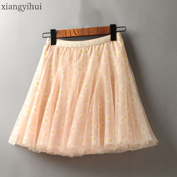 

2020 new summer high waist floral print mesh skirt womens vintage double layer mesh a line black short skirts ladies bottom