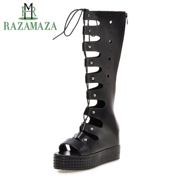 

razamaza women summer boots fashion height increasing cross strap shoes women rivets solid color casual footwear size 32-43, Black