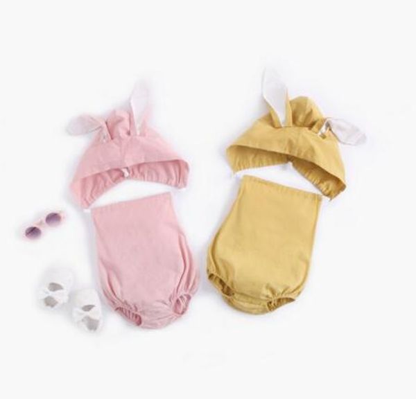 

baby kids designer clothes romper Summer Sleeveless Solid Colors backless Romper With Rabbit Hat Clothes 100% cotton