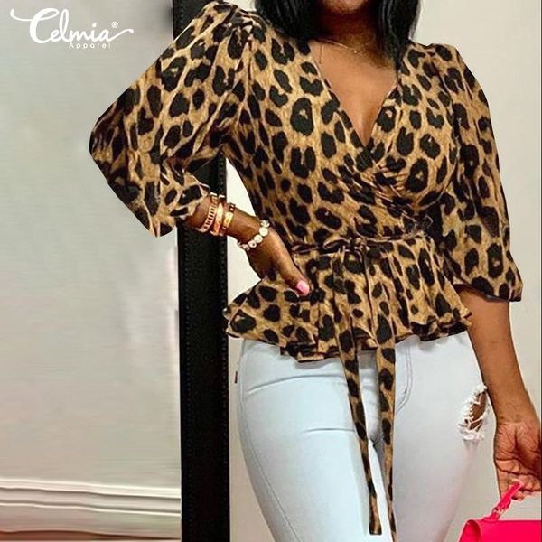 

stylish celmia 2019 women deep v-neck leopard print blouse elegant office belted tunic shirt ruffles blusas feminina 7, White