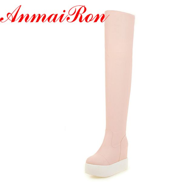 

anmairon autumn winter wedges platform boots women slip-on tight boots high heel thigh high black white pink shoes