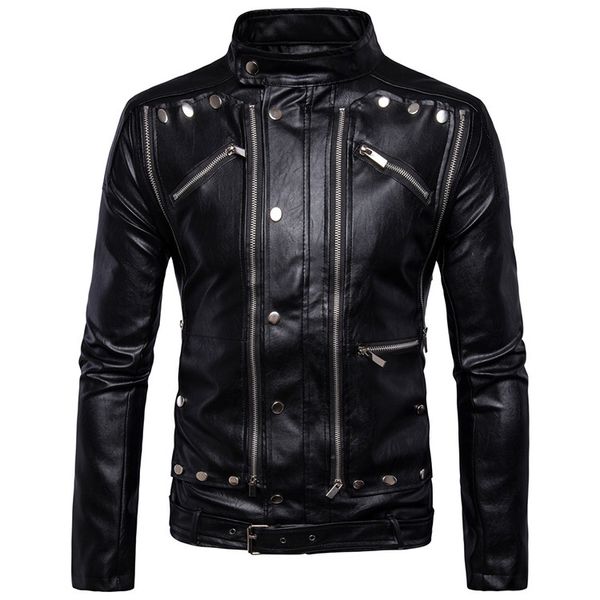 

code] european selling men locomotive multi-zipper men's leather clothing leather coat jacket b015, Black