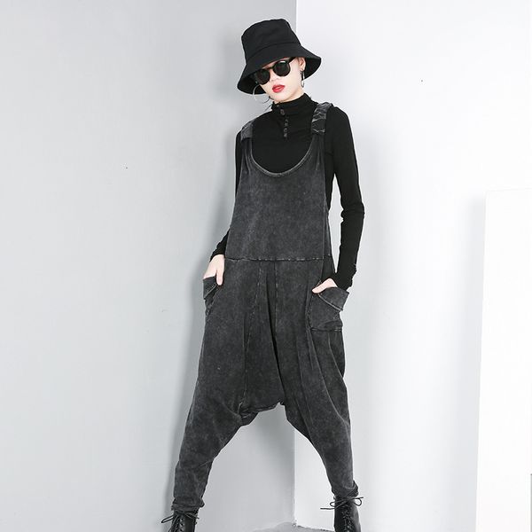 

lanmrem 2020 new fashion spring new denim jumpsuit personality trousers casual loose overalls female's black jeans pants yg31001, Black;white