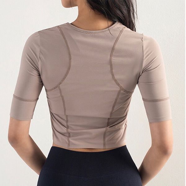 

lumbar gym crop women yoga shirts solid backless mid sleeve tight dry fit fitness elastic sports workout active wear, White;red