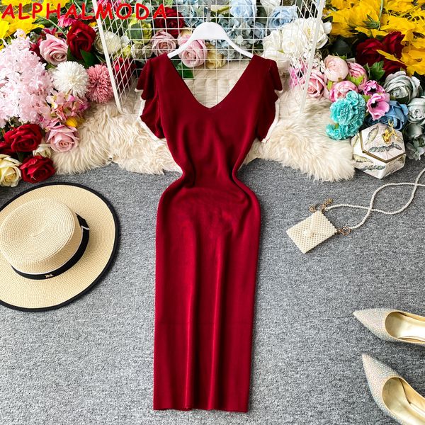 

alphalmoda v-образным вырезом backless эластичного трикотажного платья гофрированные рукава высокой талией сплошного цвета с коротким рукаво, Black;gray