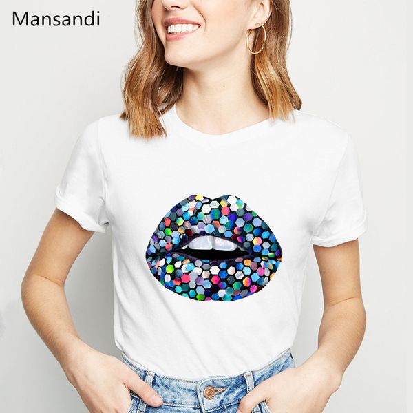 

rainbow sequin lips printed t shirt women make up art tshirt pride lgbt gay love lesbian tee shirt femme summer t-shirt, White