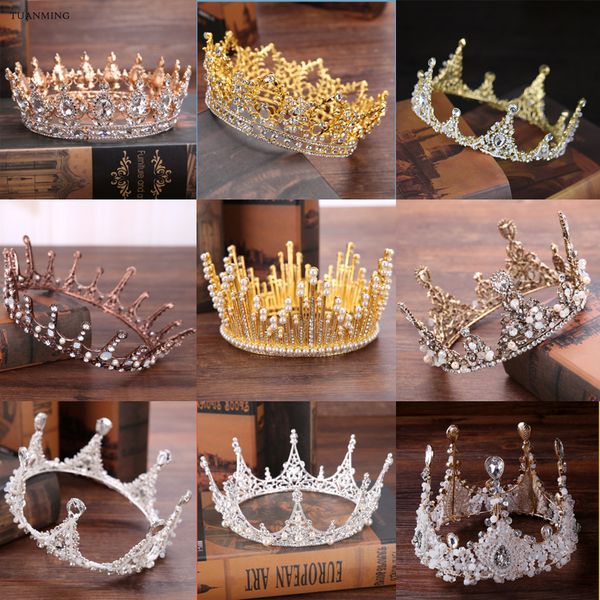 

baroque gold silver wedding hair accessories crystal tiaras crowns pearl handmade bridal round crowns hair jewelry for women, Golden;white