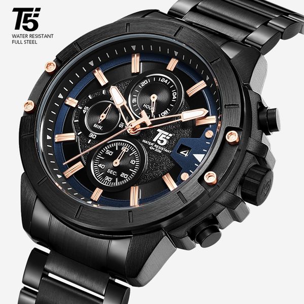 

luxury rose gold t5 steel black brand man quartz chronograph waterproof fashion mens watch sport watches men wristwatches, Slivery;brown