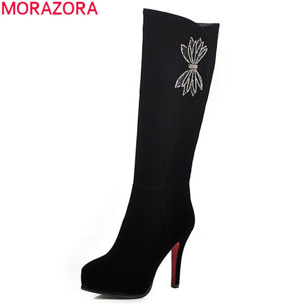 

morazora 2020 new autumn winter shoes women knee high boots flock crystal bowknot high heels platform boots woman party shoes, Black