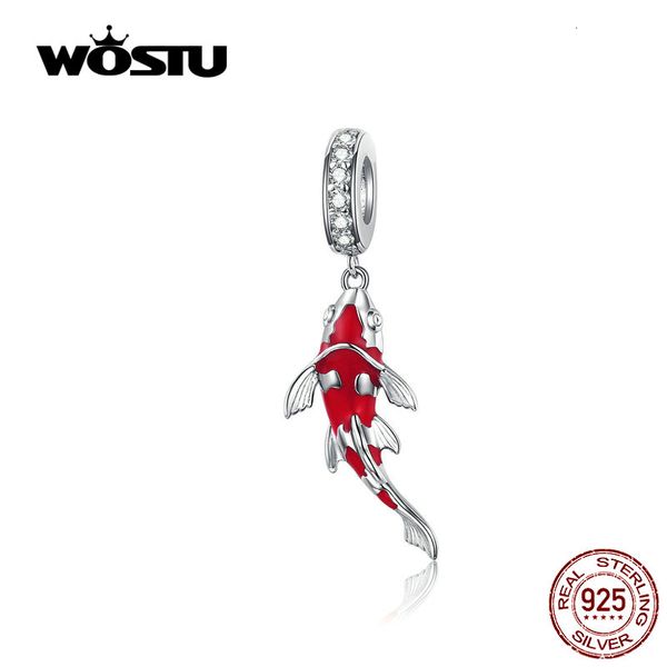 WOSTU Şanslı Sazan Dangle Charm 925 Gümüş Kırmızı Emaye CZ Boncuk Fit Orjinal Bilezik Kolye Gümüş 925 Takı CTC085 CJ191116