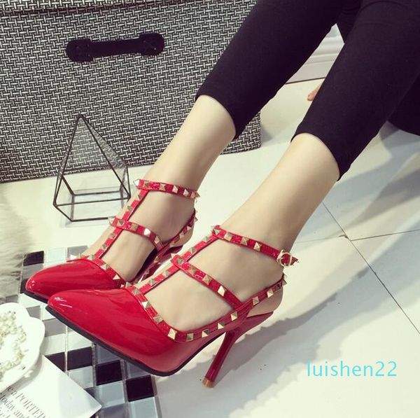 

pumps 2017 women's fashion female sandals rivet metal decoration pu leather style women high heels l22, Black