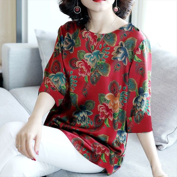 

middle-aged and elderly women's summer half sleeve temperament printed loose large size t- shirt t-shirt top, White