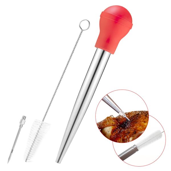 

silicone tool kitchen cleaning brush poultry turkey seasoning baster home bbq stainless steel needle meat injector set outdoor