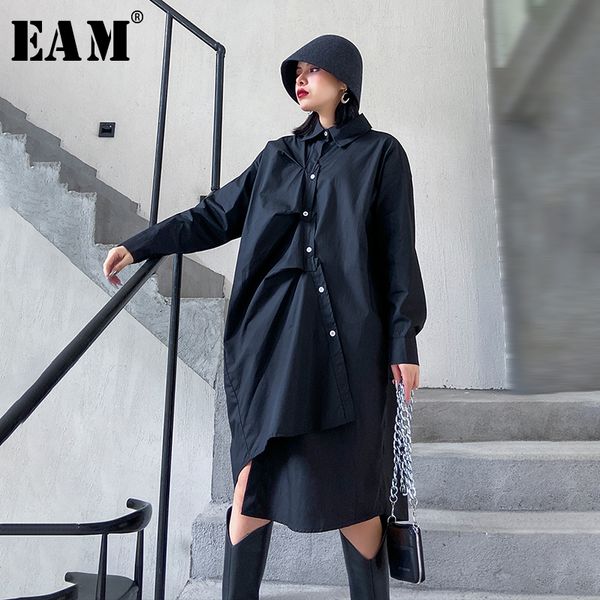 

eam] women black asymmetrical pleated big size shirt dress new lapel long sleeve loose fit fashion spring autumn 2020 1n802, Black;gray