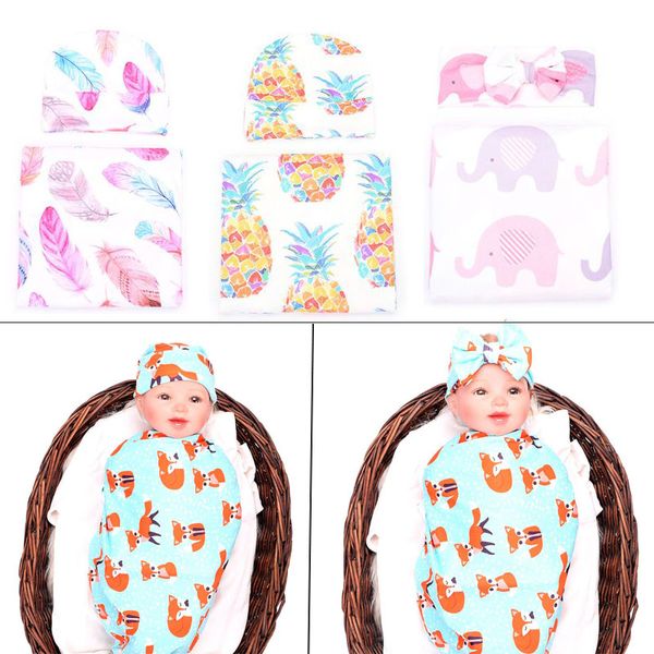 

2 pcs/set baby hair band wrapping towel set kids infants stroller blanket cartoon animal print newborn swaddle headband
