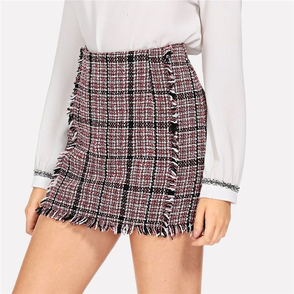 

designer skirts for women office multicolor lady elegant frayed edge trim plaid tweed mid waist skirt autumn fashion women skirts, Black