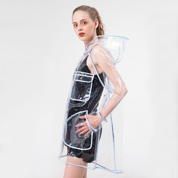 

1pc waterproof fashion transparent plastic clear ladies women raincoat jacket hooded with big pocket for outdoor rain gear