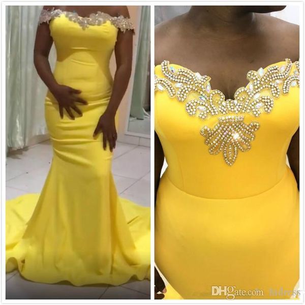 Cristais Aso Ebi árabe Dubai Amarelo sereia sexy Evening Dresses frisados ​​de cetim até o chão Prom Vestidos formal do partido vestidos de vestes de sarau