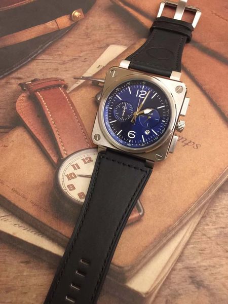 

elegant blue dial 46mm outdoor instrument br heritage mens watches quartz chronograph watch black leather strap wristwatches, Slivery;brown