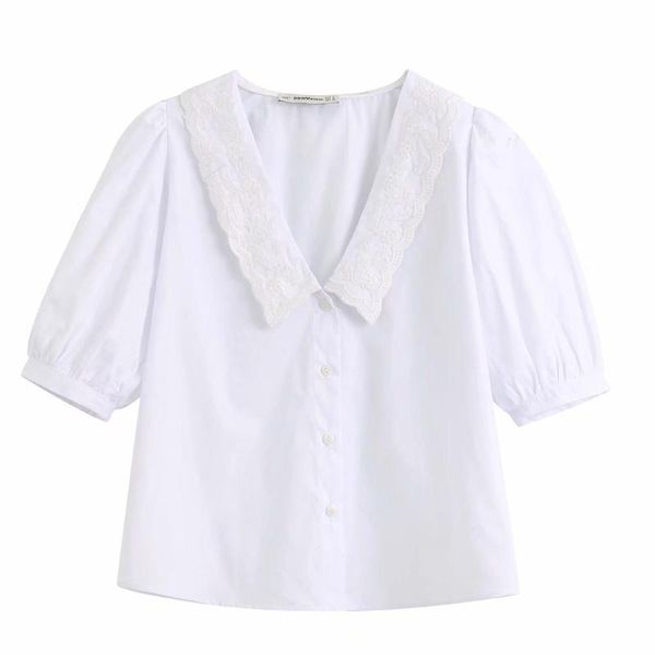 

new women embroidery turn down collar casual white smock blouse office lady chic short sleeve femininas shirts brand ls6381