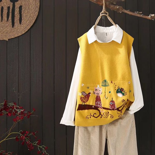 

2020 cartoon vest sweater women spring casual sleeveless pullovers knitted 8616, Black;white