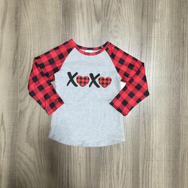 

new spring valentine's day baby girls red gray love heart xoxo plaid cotton boutique cute -shirt reglans childen clothes, White