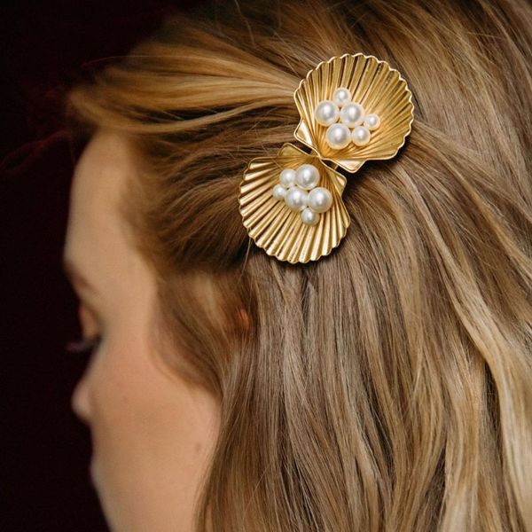 

vintage imitation pearl sea shell hair clip barrettes jewelry for women bridal wedding hair accessories metal clip headwear, Golden;white