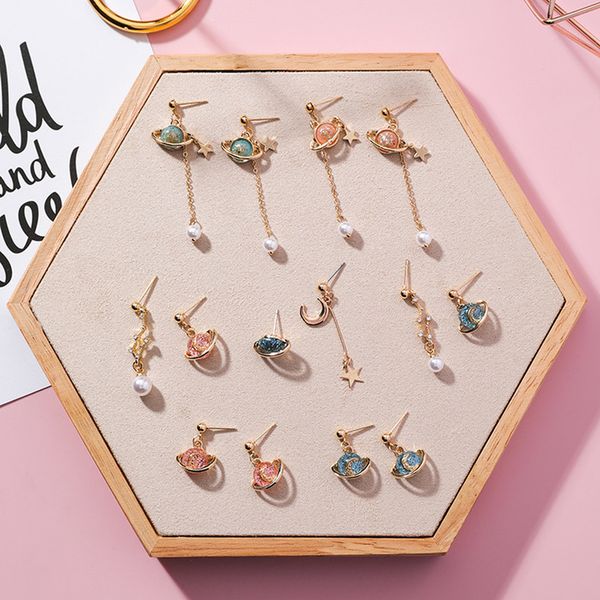 

korea dream saturn planet earring cute moon star stud earrings for girl simple jewelry accessories wholesale, Golden;silver