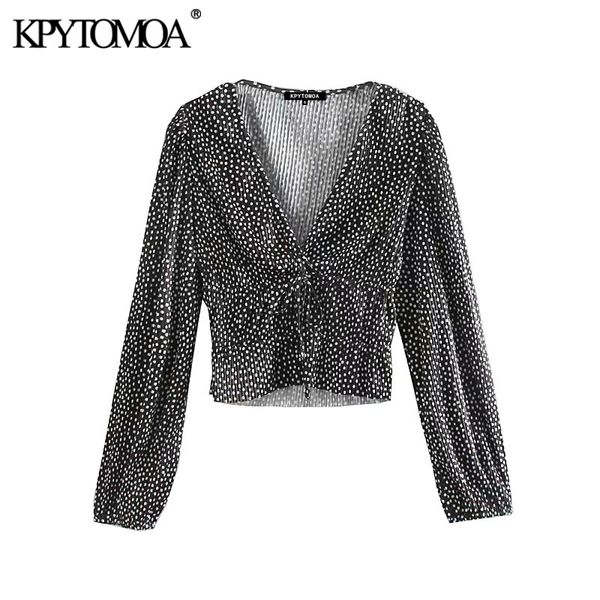 

vintage polka dot pleated wrap blouses women 2019 fashion long sleeve elastic waist drawstring female shirts chic crop top, White