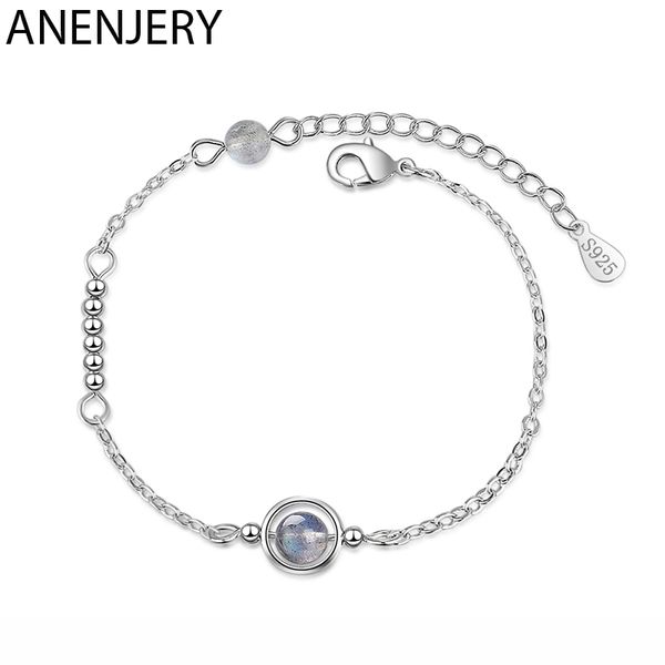 

anenjery dainty round circle natural moonstone planet pendant bracelet 925 sterling silver labradorite bracelet for women s-b269, Black