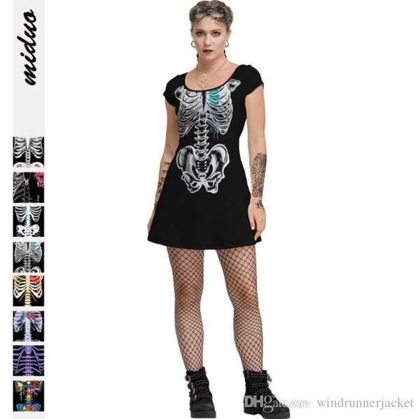 

halloween skeleton printed women dresses fashion 3d print a-line dress casual scoop neck women cospaly dresses, Black;gray