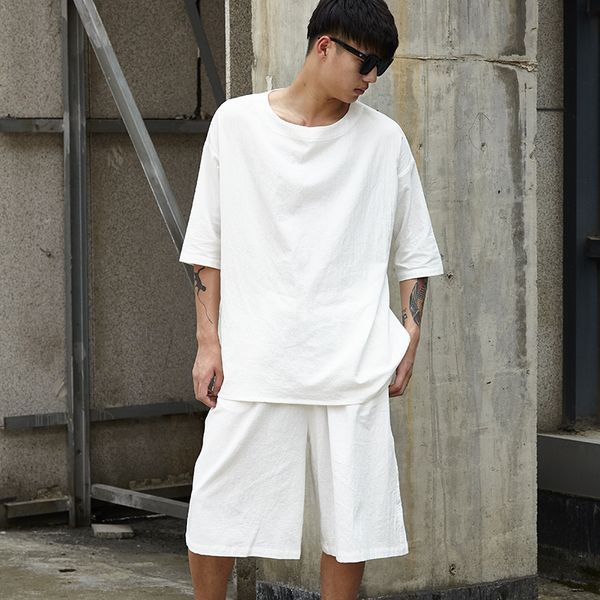 

men cotton linen 2 pieces set (tshirt+shorts) male streetwear hip hop casual t shirt wide leg shorts white black tees shirts, Gray