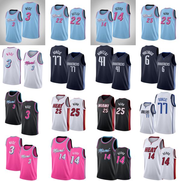 

77 doncic dirk 41 nowitzki dwyane 3 wade jimmy 22 butler tyler 14 herro 6 porzingls kendrick 25 nunn mens college basketball jerseys, Black;red