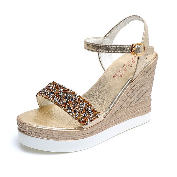 

new 2019 summer, diamond, wedge heel, sandal, waterproof platform, super high heel, sponge cake bottom, with shoe box, transportation, Black