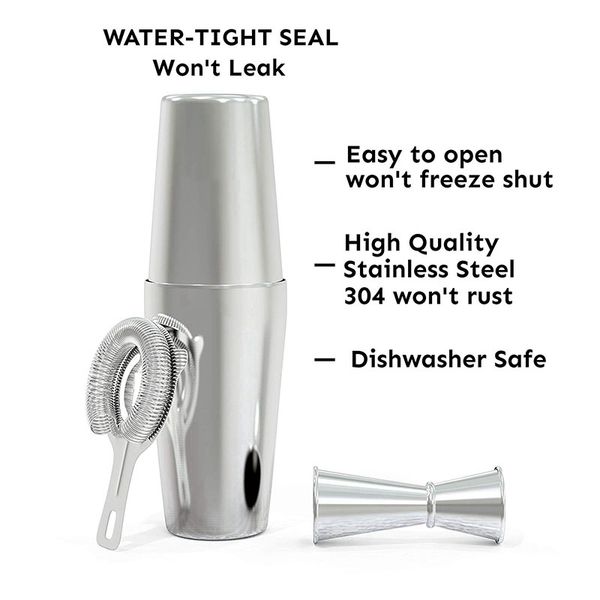 

cocktail shaker set: professional boston shaker, cocktail strainer and jigger set. 4 piece premium stainless steel bar supplies