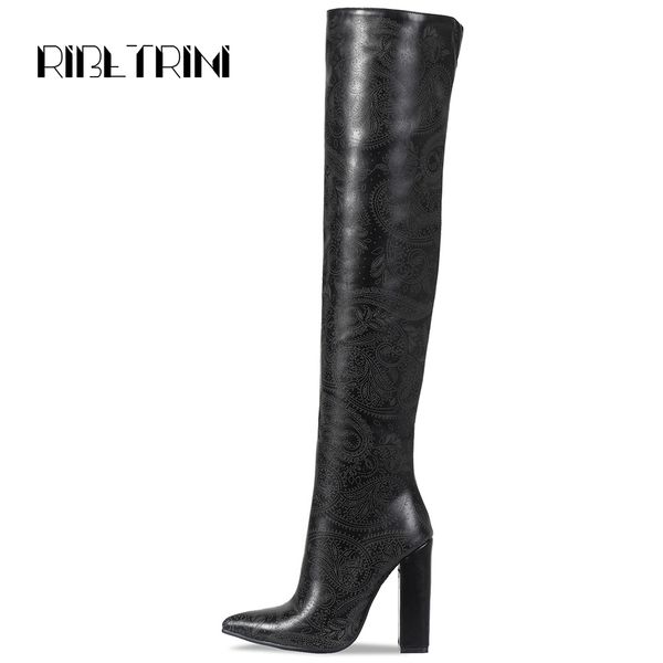 

ribetrini women over knee boots 2019 square high heels autumn printed party office shoes woman pointed toe boots 42, Black