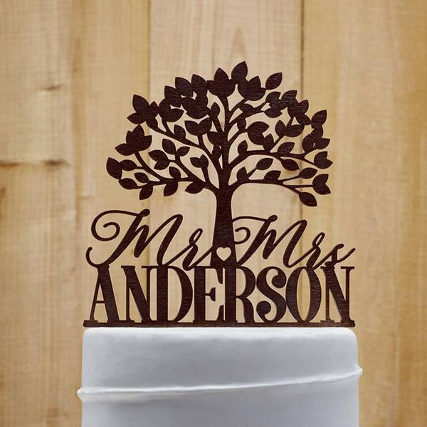 

custom mr & mrs wedding cake er personalized last name tree cake er for rustic country wedding decoration