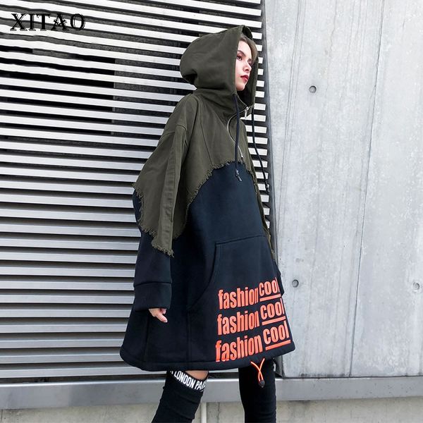 

xitao denim stitching hoodies women plus velvet sweatshirt loose plus size pullover women streetwear fashion gcc2594, Black