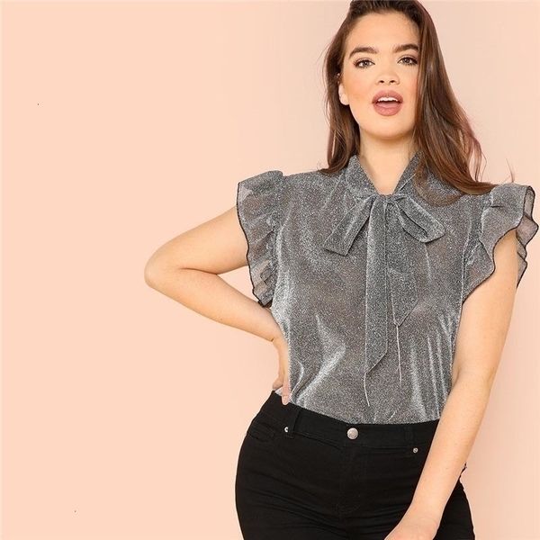 

summer blouse ladies grey trim tie neck plus size women blouses summer polyester sleeveless elegant office lady solid blouse, White