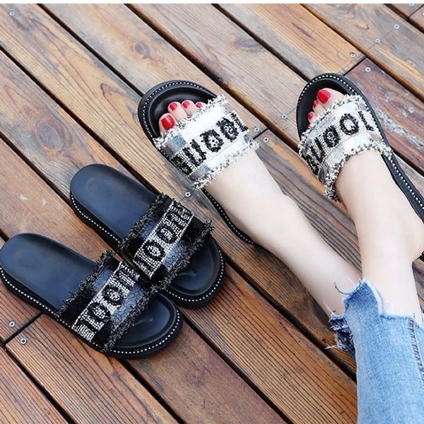 

flat rubber house slipper lady casual crystal beach shoes, Black