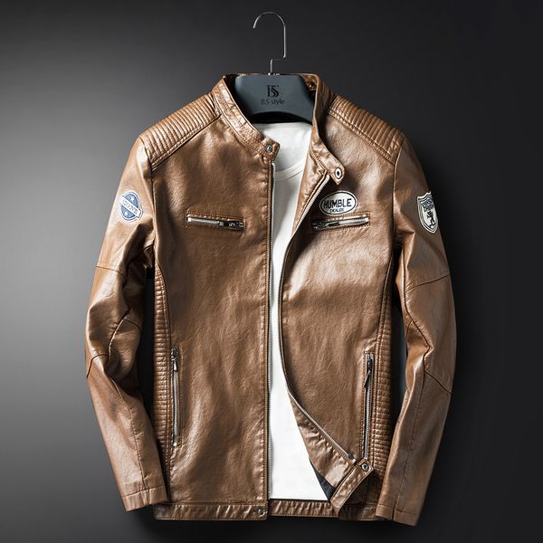 

2019 autumn winter embroidery leather jacket men thick fleece pu leather coat stand collar baseball jacket men plus size 3xl, Black;brown