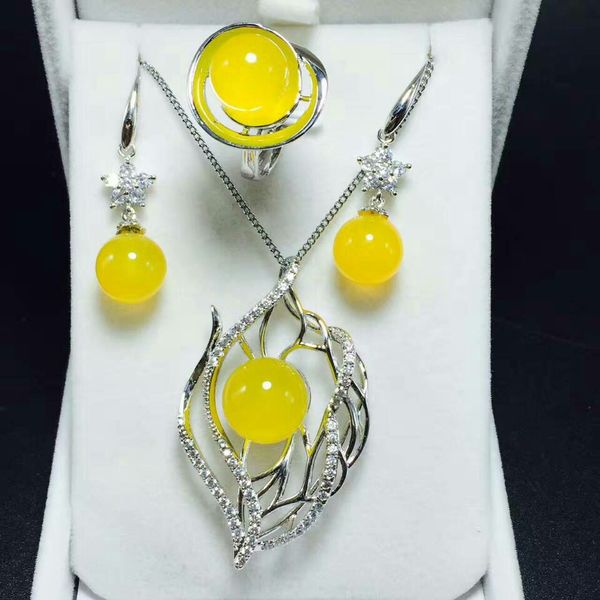 

summer new s925 silver inlaid jade jade pearl pendant earrings ring three-piece set jewelry send certificate, Black