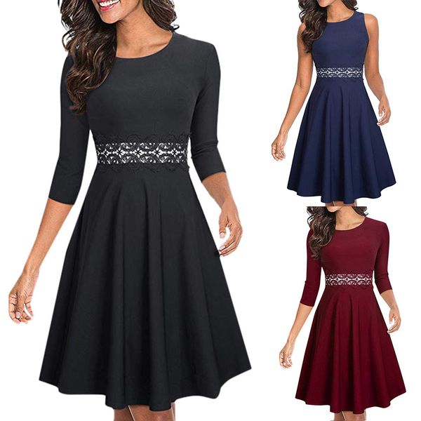 

women's vintage party dress elegant embroidery lace patchwork round neck vestidos pinup business swing women dress, Black