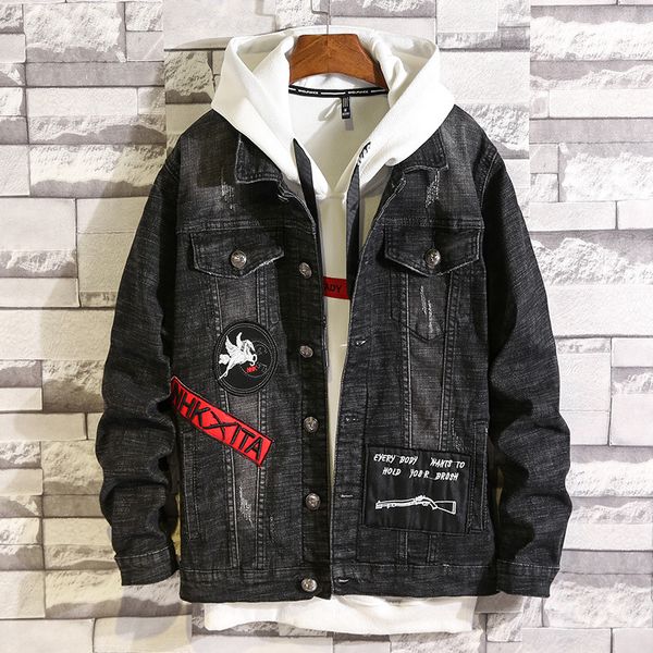 

autumn new men's embroidered slim denim jacket european and american stretch denim long sleeve coat men, Black;brown