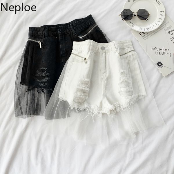 

women's shorts neploe irregular mesh patchwork women fashion hole zipper button ladies bottoms ins super fire high waist 49958, White;black