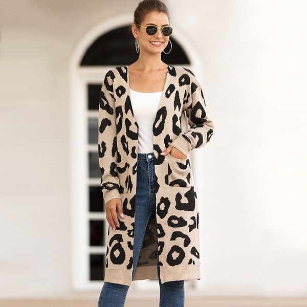 

2019 knitting unlined upper garment long fund camouflage leopard print cardigan sweater woman, Black;white